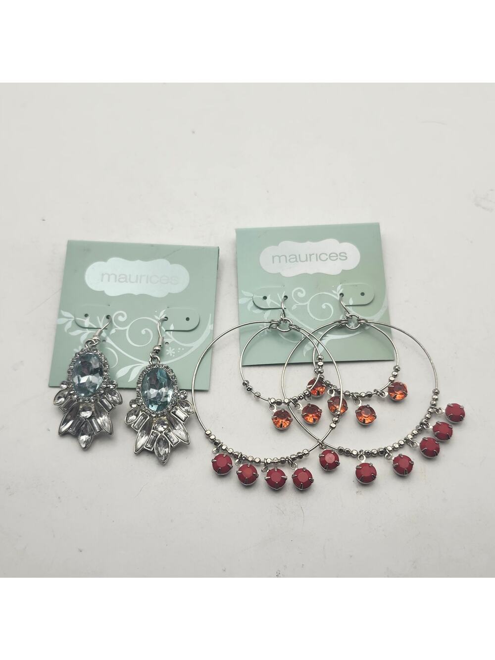 Maurices Earrings Lot 2 Pair Silver Tone Rhinestone Hoop Dangle Red Blue Pierced